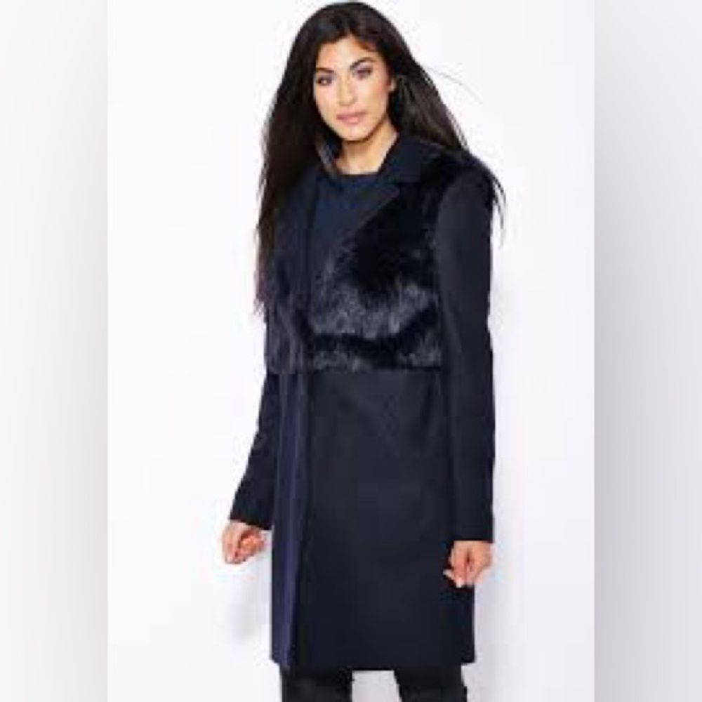 TopShop Longline Pea Coat Faux Fur Wool Blend Navy Sz Us 8